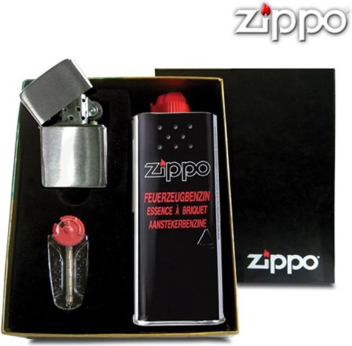 Zippo Brushed Chrome Aansteker, Benzine En Flints Gift Set 4 Zippo Brushed Chrome Aansteker, Benzine En Flints Gift Set - Afbeelding 2