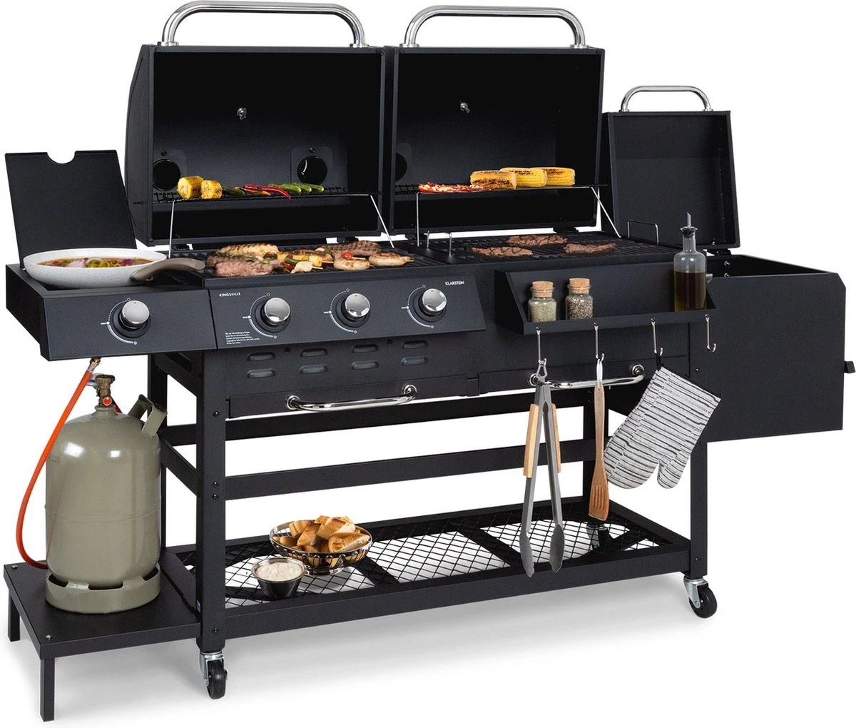 Klarstein Kingsville Double Barbecue - Houtskool- En Gasbarbecue - Smoker BBQ - Inclusief Deksels En Thermometer - Met 2 Roosters - Zwart 13 Klarstein Kingsville Double Barbecue - Houtskool- En Gasbarbecue - Smoker BBQ - Inclusief Deksels En Thermometer - Met 2 Roosters - Zwart - Afbeelding 11
