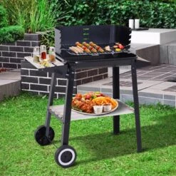 Verrijdbare Barbecue – Houtskool/Briketten - Verstelbare Grillplaat – Houten Tafel – Winscherm – Gewicht 5.9kg -Merkloos Verkoopwinkel 1200x1200