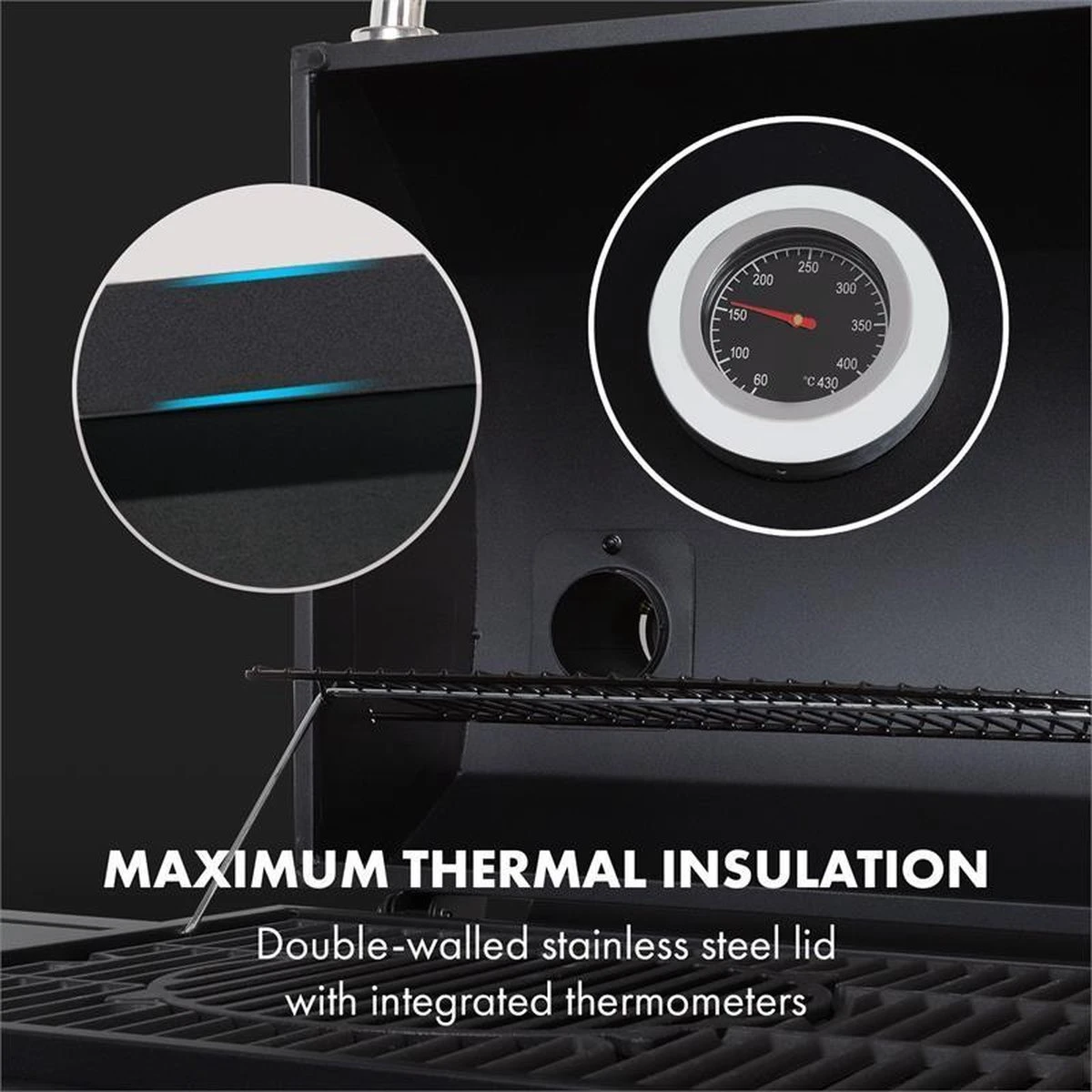 Klarstein Kingsville Double Barbecue - Houtskool- En Gasbarbecue - Smoker BBQ - Inclusief Deksels En Thermometer - Met 2 Roosters - Zwart 9 Klarstein Kingsville Double Barbecue - Houtskool- En Gasbarbecue - Smoker BBQ - Inclusief Deksels En Thermometer - Met 2 Roosters - Zwart - Afbeelding 7